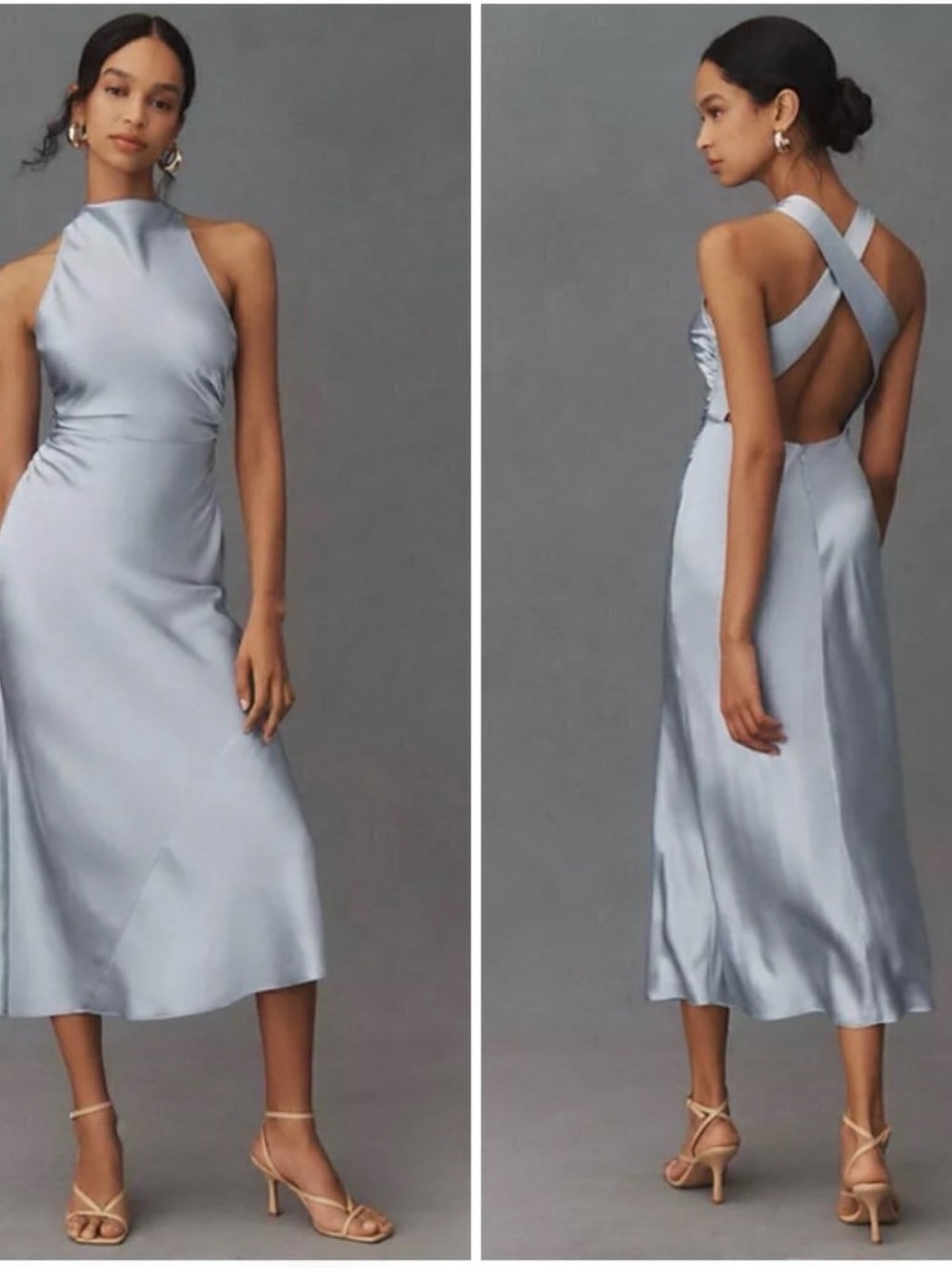 Reformation Satin Halter-Back Midi Dress in Light Blue